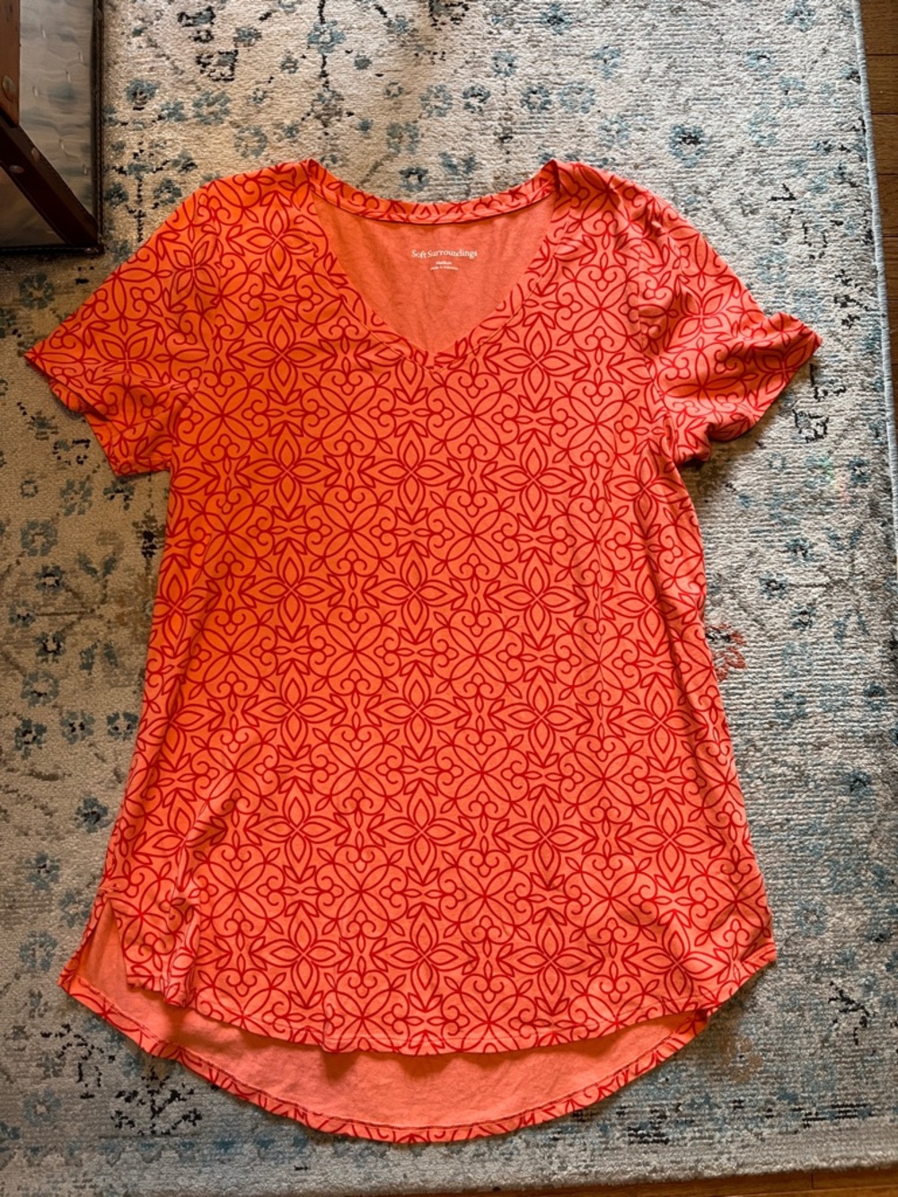 Soft Surroundings Orange Patterned V-Neck Short Sleeve Tunic Top